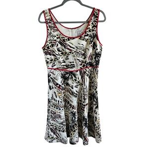 Alexandra Bartlett Tropical Linen Blend Novelty Print Dress Red Trim Womens 10